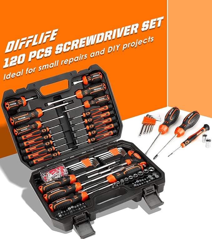 Screwdrivers Set with Case, 120-piece Includes Slotted, Phillips, Hex, Pozidriv, Torx and Precision Magnetic Screwdriver Set Tools for Men (120-Piece)…