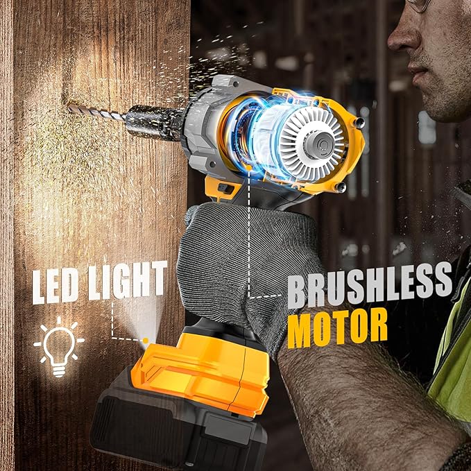 Impact Wrench Compatible with DeWalt 20V MAX Battery: 1/2 Inch Hog Ring Impact Driver High Torque - 1360N.m/1000Ft-lbs Cordless Impact Gun - Brushless Motor with LED Light - Tool Only