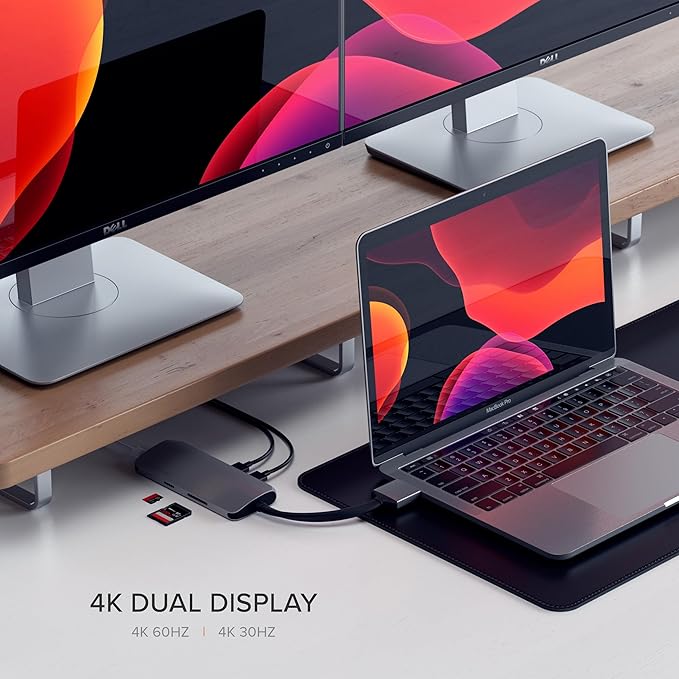 Satechi USB C Hub Dual Multimedia Adapter, USB C Docking Station with 2 4K HDMI, 60W USBC PD Charging, 2 USB-A Data, Ethernet, Micro/SD Card Readers, for MacBook Pro/Air M1 M2 M3 - Space Gray