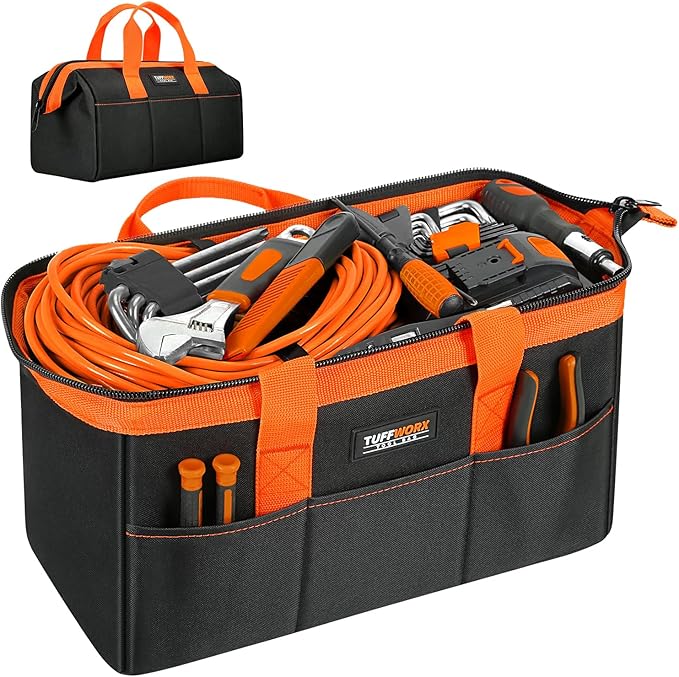 Tool Bag, 14 inch Heavy Duty Storage Bag with Handles, Double Layer 600D Polyester Fabric, Black and Orange, Tool Organizer for Mechanics, Electricians, and DIY Enthusiasts