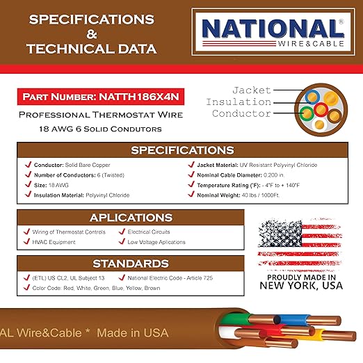 18/6 500Ft. NATIONAL Wire&Cable Thermostat Doorbell HVAC Heating Control Professional Cable Wire - Made in USA - 100% Solid Copper Conductors, CL2 ETL Listed, Low Voltage Applications Use