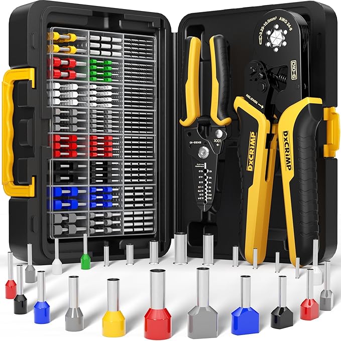 Ferrule Crimping Tool Kit with 24 Sizes Ferrules, Ratchet Pliers for AWG24-8, Hexagonal Wire Crimp Pliers for Professional Electricians and DIY, Durable and Easy to Use with Crimp Connectors