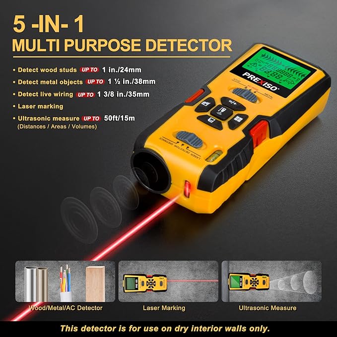 PREXISO 5-in-1 Stud Finder with Laser Level Marking & Ultrasound Distance Measure - Wall Scanner Beam Finders for Dry Interior Walls, Metal Studs - Area, Volume, Addition | Wood, AC Wire Detector