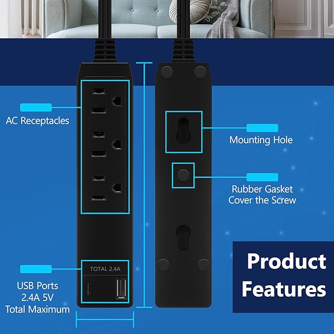 LIDER Outlet Extender with 3 Receptacles, 12W USB Type-A, and USB Type-C, USB Port, Ultra-Thin Wall Plate Plug with Cord Extender, 3-Outlet Power Strip, Flat-Face, 3ft Cord, ETL-Listed, Black, 2 Pack