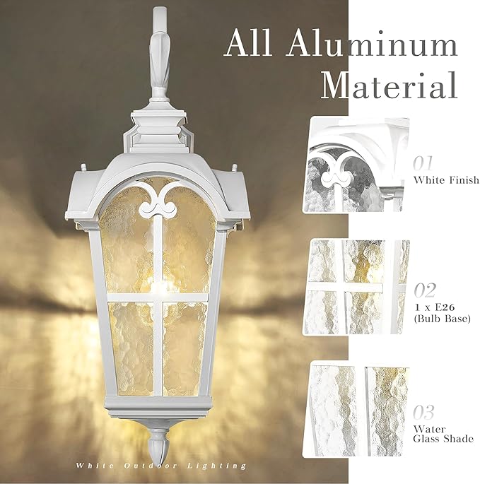 Emliviar 1-Light 28.7" Wall Sconce with Water Grain Glass, Vintage Farmhouse Wall Lamp for House Porch, White Finish in Die-cast Aluminum, WE215BL WH