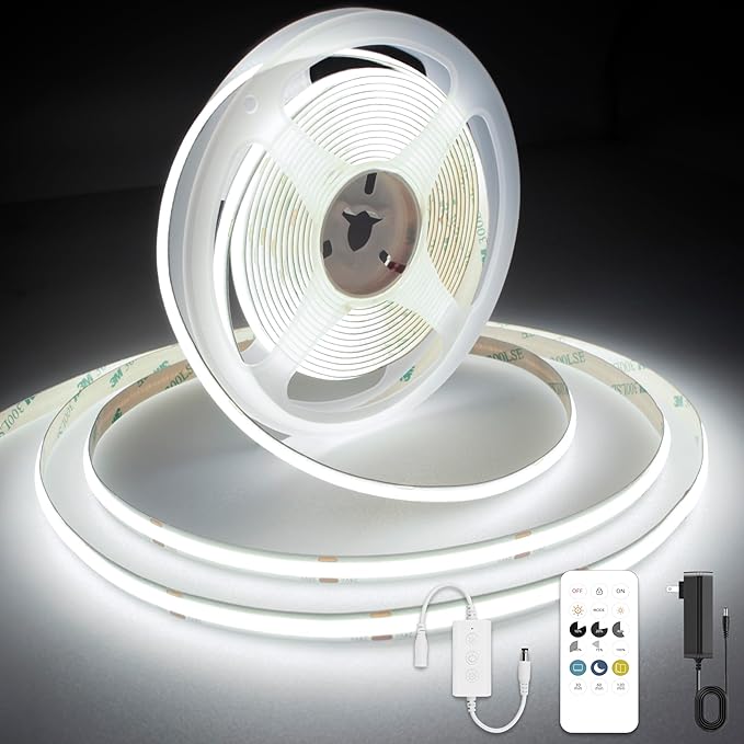 White COB LED Strip Light, Dimmable 24.6ft/7.5m LED Light, 6000K Daylight White 2400 LEDs High Lumen LED Tape Lights CRI 90+ with RF Remote and UL Power for Bedroom,Kitchen,DIY Home Decoration