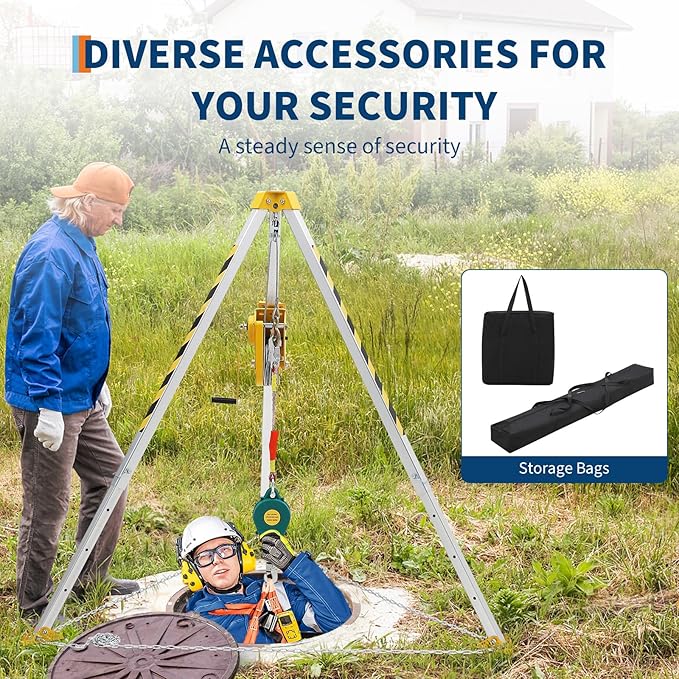 Confined Space Tripod Kit, 1200 lbs Winch, 6.5' Legs & 98' Cable, Steel Confined Space Rescue Tripod with Storage Bag for Traditional Confined Spaces Safety