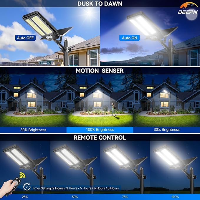 Deepn Solar Lights Outdoor 7000W, Solar Street Light IP67 Waterproof Dusk to Dawn 300000 Lumens LED Security Flood Lights with Motion Sensor and Remote Control for Pathway, Patio & Yard