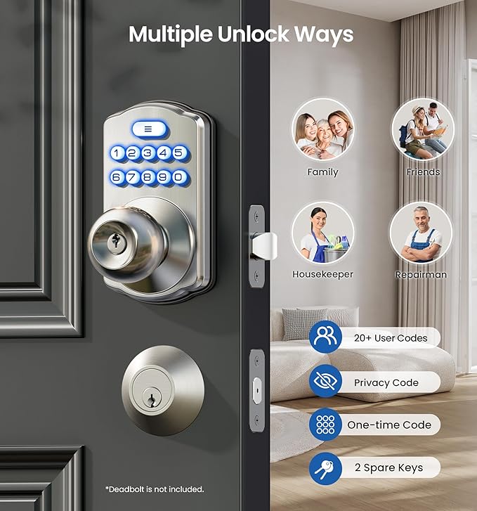Veise Keypad Door Knob Lock, Keyless Entry Digital Lock with Handle, Electronic Knob for Front Door & Bedroom, Easy Installation, Auto-Locking, Passage Mode, Satin Nickel