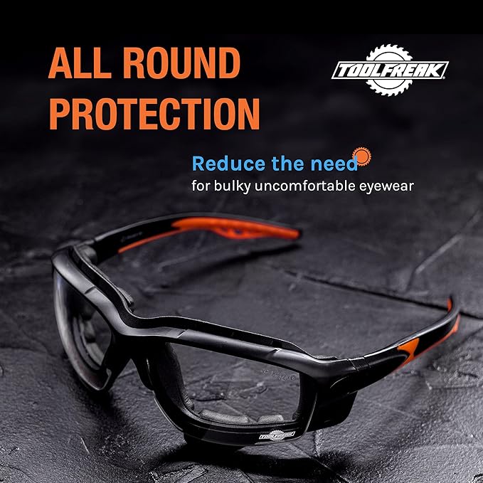 ToolFreak Spoggles - Clear Lens With Hard Case - Safety Glasses & Protective Goggles - Polycarbonate Lens, ANSI Z87 Rated - Foam Padded, Removable Legs, Headstrap, Hard Case & Cloth