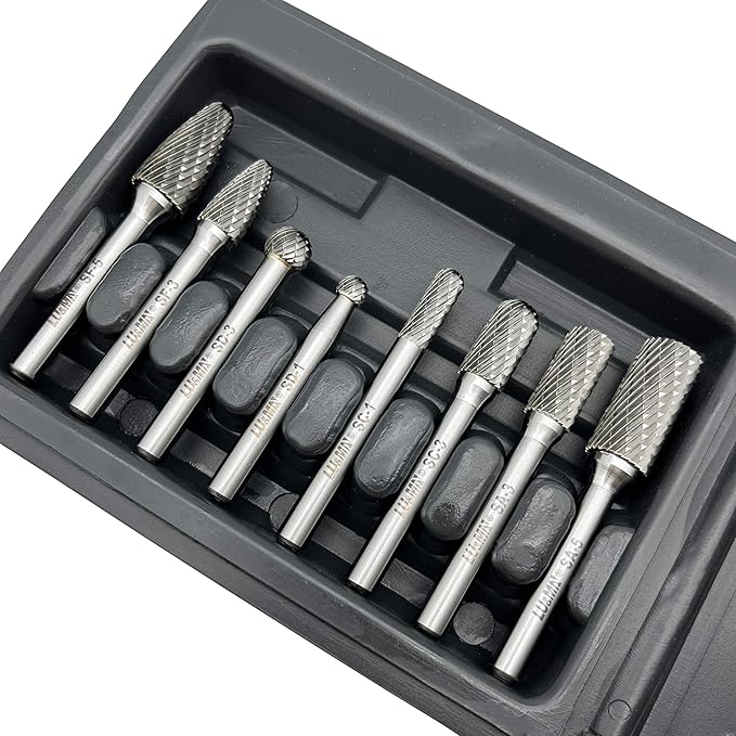 Carbide Burrs Set 8pcs with 1/4" Shank Double Cut Solid Carbide Rotary Burr Set for Die Grinder Drill,Metal Carving, Polishing,Engraving,Drilling