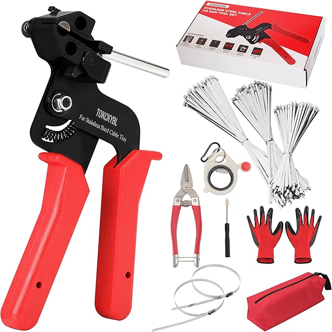 Stainless Steel Cable Tie Gun Set – Heavy Duty Metal Zip Tie Tool Kit with 150PCS Self-Locking Ties, Adjustable Fastening & Cutting Tool for Outdoor Fencing, Exhaust Pipes, Automotive (Red)