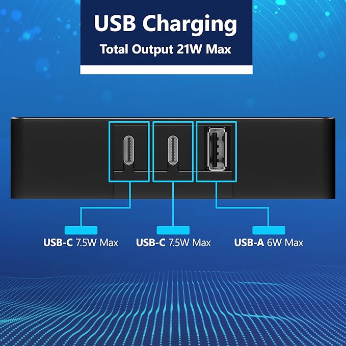 LIDER Outlet Extender with 6 Receptacles, USB-A and 2 USB-C, Ultra-Thin Flat-Plug with Cord Extender, 6-Outlet Power Strip, Slim Angled Design, Surge Protector, 1500 Joules, 5ft Cord, UL-Listed, Black