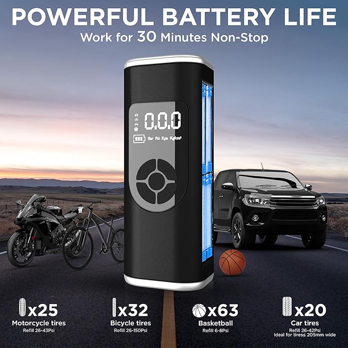 StartPro Tire Inflator Portable Air Compressor, 150PSI Cordless Air Pump, Dual Power Suply, LED Display, Flashlight, Auto Shut-Off, Fast Inflation for Car, Motorcycle, Bike, and Sports Equipment
