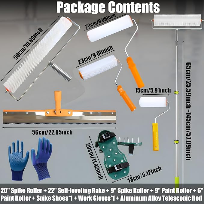 Self Leveling Cement Tool Kit,Epoxy Flooring Tool Kit,Self-Leveling Rake,Spike Shoes for Epoxy Flooring,Floor Leveling Tools,Spike Roller for Self-Leveling,23.62~55.12 inch Telescopic Pole