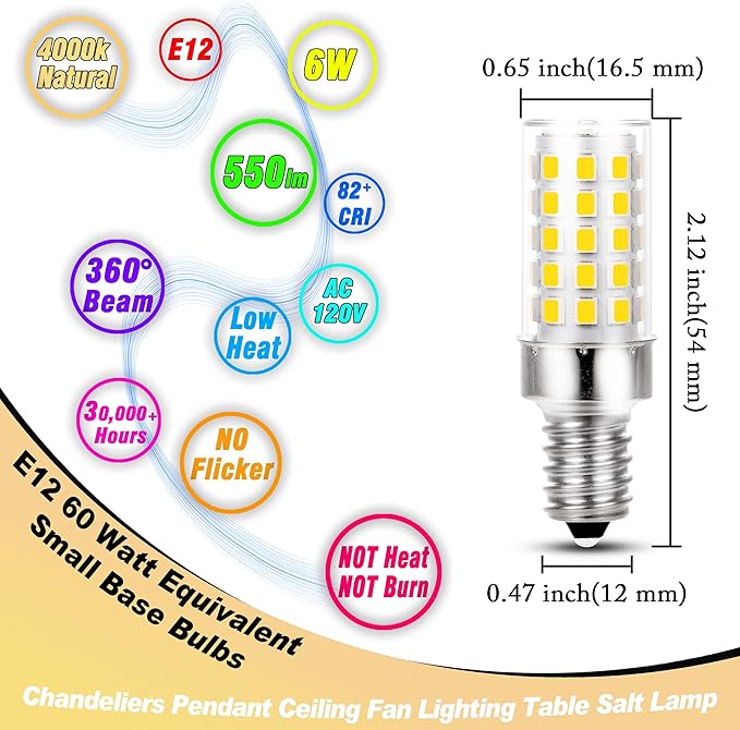 E12 Candelabra LED Light Bulbs 60 Watt Equivalent 120 Volt 4000K Natural White 550lm 6W C7 T6 E12 Small Base for Chandelier Pendant Ceiling Fan Lighting Table Salt Lamp, Non-dimmable, 4 Pack