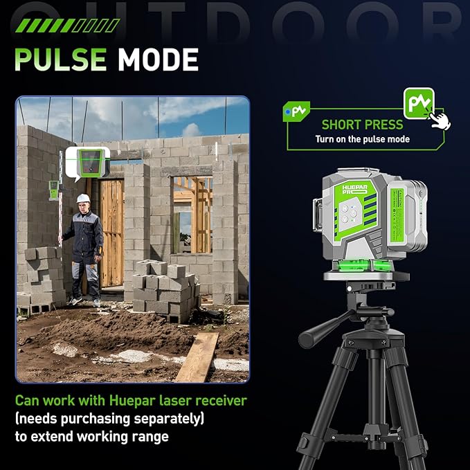 HueparPro Laser Level 3D Self Leveling Green Beam Tiling Laser Tool, 12 Lines Highly Accurate Professional Floor Laser with 8000mAh Rechargeable Li-ion Battery, Magnetic Bracket and Hard Case ZK03DG