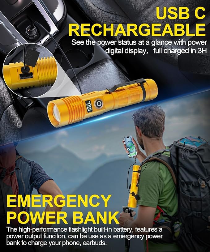 Rechargeable Flashlight High Lumens- Super Bright Magnetic Flash Light with Power Digital Display,3280Ft Long Range,Dimmable,Waterproof,Pocket Tactical LED Flashlights for Emergency,Gold 1PC