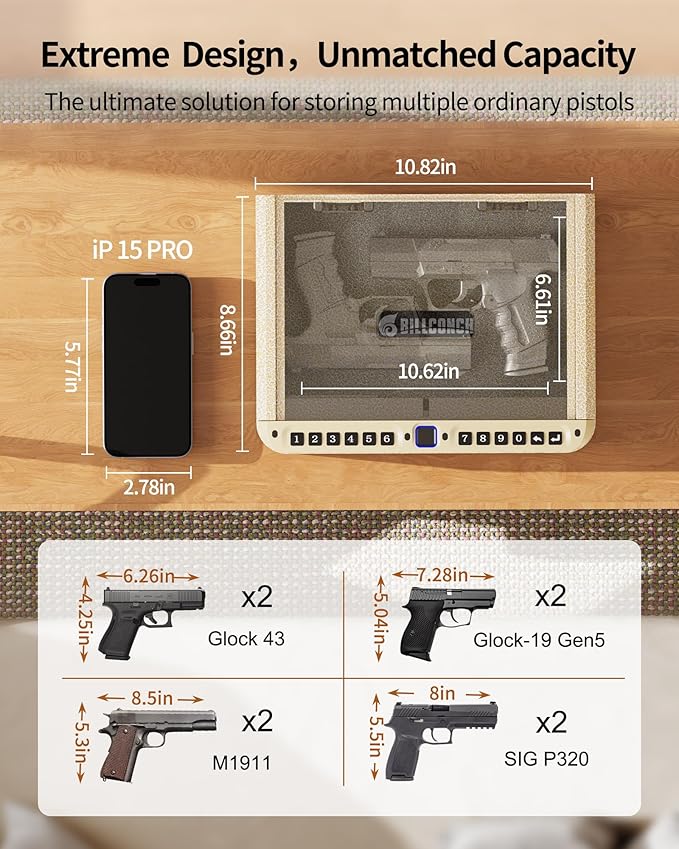 BILLCONCH Gun Safe for Handgun - Biometric Pistol Safe 4 Ways Quick Access with Fingerprint/Full-digital Keypad/Key/APP Lock and Security Cable for Nightstand Bedside Home - Limited Gold