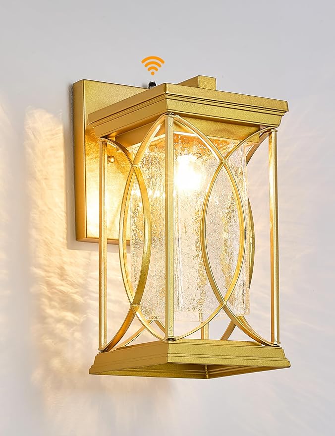 Gold OutdoorSconce Dusk to Dawn Exterior Light Fixtures Wall Mount Porch Light Modern Outdoor Wall Light Aluminum with Crack-Like Glass IP65 Waterproof Outside Coach Light for House