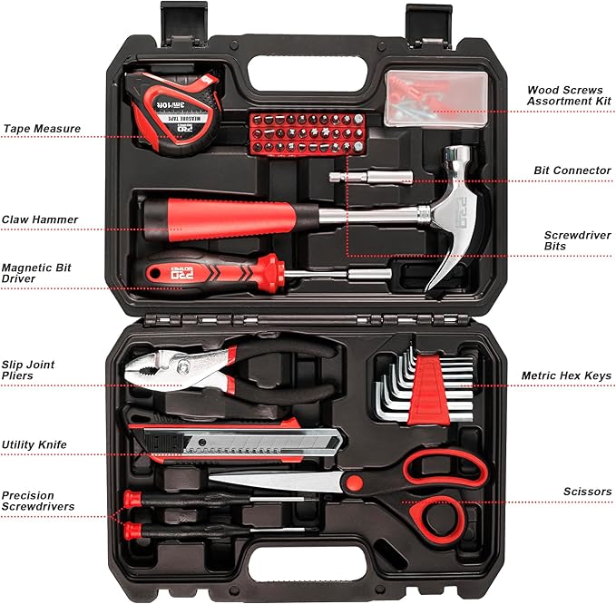 Prostormer 93-Piece Tool Kit, Basic Household Repair Tool Set with Toolbox Storage Case, Small Starter Tool Box Kit for Homeowners and College Students (Red)