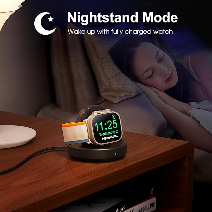 Portable Magnetic Charging Dock for Apple Watch, Wireless Fast Watch Charger Stand with Charging Cable, Support Nightstand Mode, Compatible with Apple Watch 10 9 8 7 SE 6 5 4 3 2/Ultra 2-Black