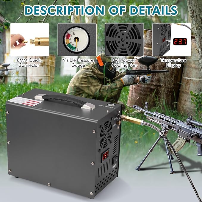 PCP Air Compressor with Manual Shut Down, 4500Psi/30Mpa, Water/Oil-Free, Powered by 12V DC/120V AC, Fan Cooling System, PCP Compressor for Air Rifle, Paintball and Scuba Tank Compressor Pump (Gray)