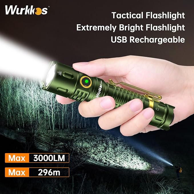 Wurkkos TD04 Tactical Flashlight, 3000 Lumens Rechargeable Flashlights, LED Handheld Flashlight with Type C Charging Port Tail Switch for Camping for EDC, Tactical Gear, Suvival, Emergency, Outdoor