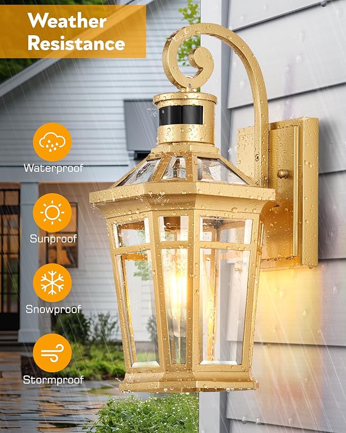 Motion Sensor Outdoor Wall Lights, 2-Pack Outdoor Porch Lights Wall Mount, Gold Exterior Wall Sconce Lantern, Anti-Rust Patio Wall Light Fixture, Outside Garage Lights, Adjustable Sensitivity