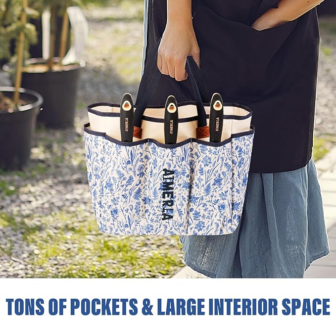 Gardening Tool Set of 5 Heavy Duty Aluminum Garden Tools with Non-Slip Rubber Grip, Fashion Garden Bag, Durable Hand Tools for Gardener, Weeding, Gardening Gifts for Women,Men - Floral