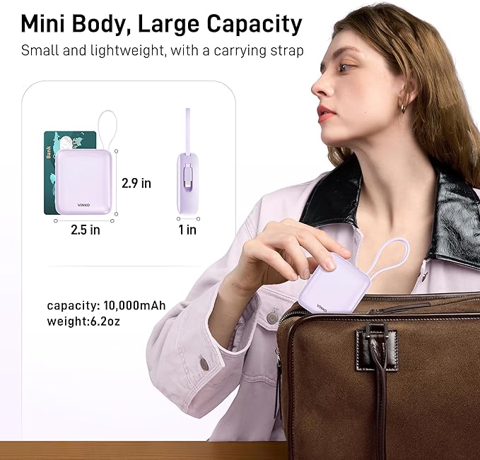 VINKO Portable Charger Power Bank with Built-in Cables, 22.5W Fast Charging 10000mAh Phone Charger, Small Travel Battery Pack with Smart LED Display for iPhone, Android & USB-C Devices(Purple)