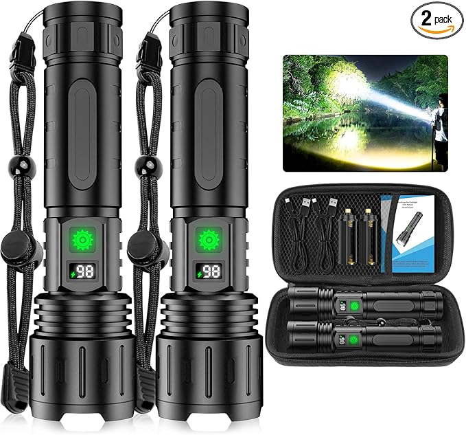 Flashlights High Lumens Rechargeable - 2 Pack Super Bright Powerful LED Flashlight with 5 Modes Waterproof Handheld Flash Light for Home,Camping,Car, Zoomable,Power Display (2Pack Black)