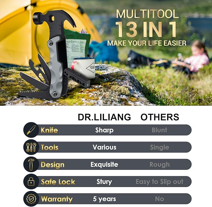 Multitool Camping Accessories Stocking Stuffers for Men Dad Gifts, 13 In 1 Survival Multi Tools Hammer Christmas Cool Gadgets for Adults Him Boyfriend Husband Grandpa Women Birthday Valentines Fathers