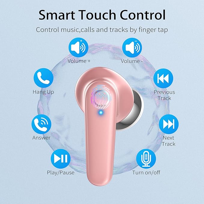 Wireless Ear Buds Bluetooth 5.3 60H Using Time Headphones Deep Bass Clear Call Earbuds with Built-in Mic Touch Control Lightweight Headsets for Studying Working Gaming Pink