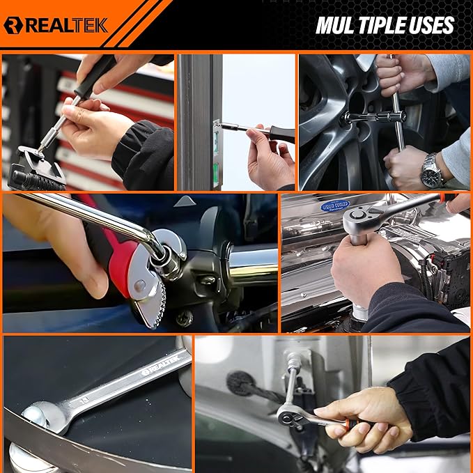 REALTEK 178 Pieces Socket Wrench Set 1/4"3/8"1/2",CR-V Metric Wrench Set with Extension Bar,Quick-Release Ratchet Wrench with Bit Socket Set for Auto Repairing,Household and Workshop,Durable Tool Box