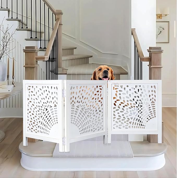 Wooden Dog Gate 20" Wide x3 Panels,White Wash Color, Total 60 inch Wide, Foldable Free Standing Dog Gate Indoor,Dcorative Gates Doorways, 3 Panels Pet Gate Extra 24" Height Bedding Craft