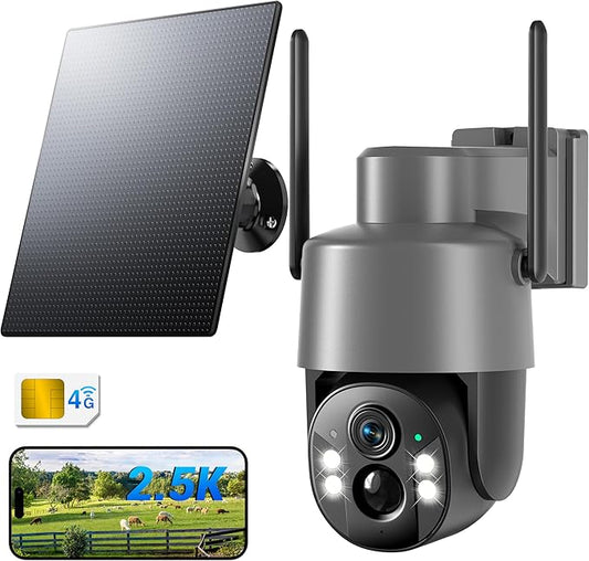 Solar Security Cameras Wireless Outdoor, 4G LTE Cellular Security Cameras for Home Security, 360° PTZ Surveillance Camera with PIR, Color Night Vision, 2-Way Talk, IP66 Waterproof, Work with Alexa
