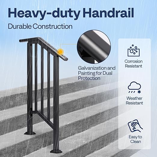 VIVOHOME 2-Pack 2 Step Galvanized Steel Hand Rails for Outdoor Steps – Black Oval and Safety Balusters Exterior Railing for Porch, Deck, or Indoor Stairs, Complete Installation Kit