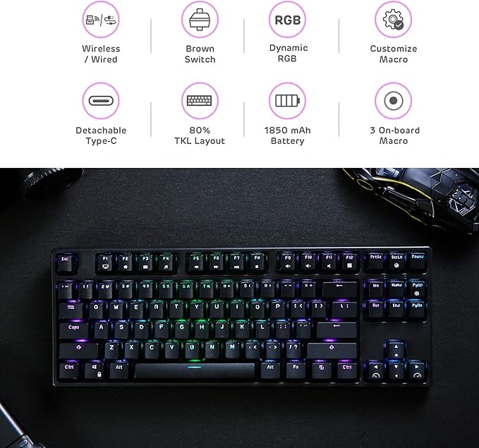 RK ROYAL KLUDGE RK87 Sink87G RGB Wireless TKL Mechanical Gaming Keyboard, 87 Keys No Numpad Tenkeyless Compact 2.4G Wireless Keyboard with Tactile Brown Switches, Exceptional Macro Settings