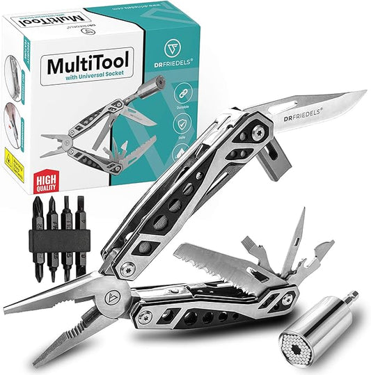 Multi Tool with Universal Socket - 22 in 1 Stainless Steel Multipurpose Tool with Saw, Pocket Knife, Wire Stripper & More - Small Tools for DIY Enthusiasts, Hobbyists, & Professionals by DrFriedels
