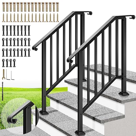 VIVOHOME 2-Pack 3 Step Galvanized Steel Hand Rails for Outdoor Steps – Curved Ends and Safety Balusters Exterior Railing for Porch, Deck, or Indoor Stairs, Complete Installation Kit