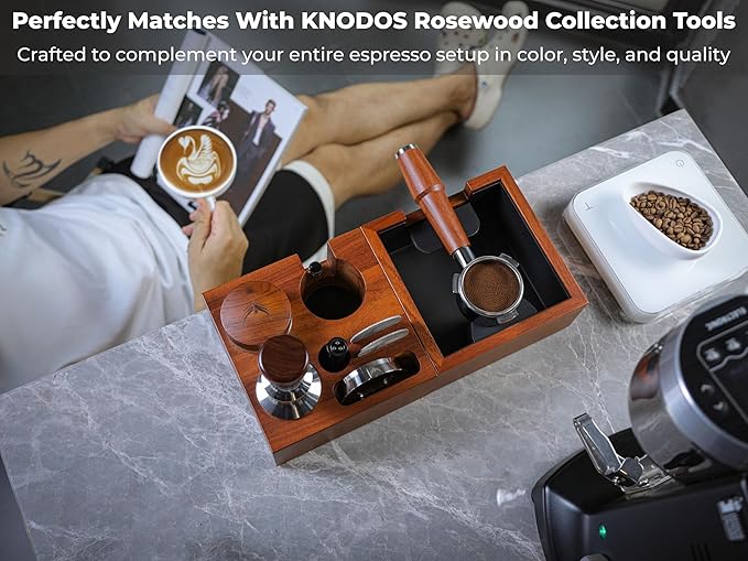 54mm Espresso Tamping Station Rosewood – Premium Organizer for Breville Espresso Machine Accessories Holder for Tamper, Funnel, WDT, Puck Screens, RDT | Barista Station Box