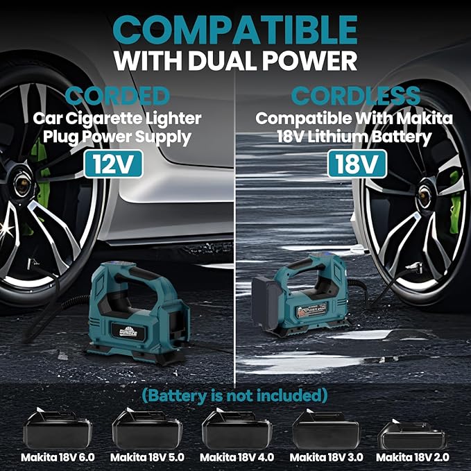 Cordless Tire Inflator Air Compressor for Makita 18V Battery, 150PSI Portable LED Light Handheld Air Pump with Digital Pressure Gauge for Cars Motorcycles Bikes Sport Balls(Battery Not Included)