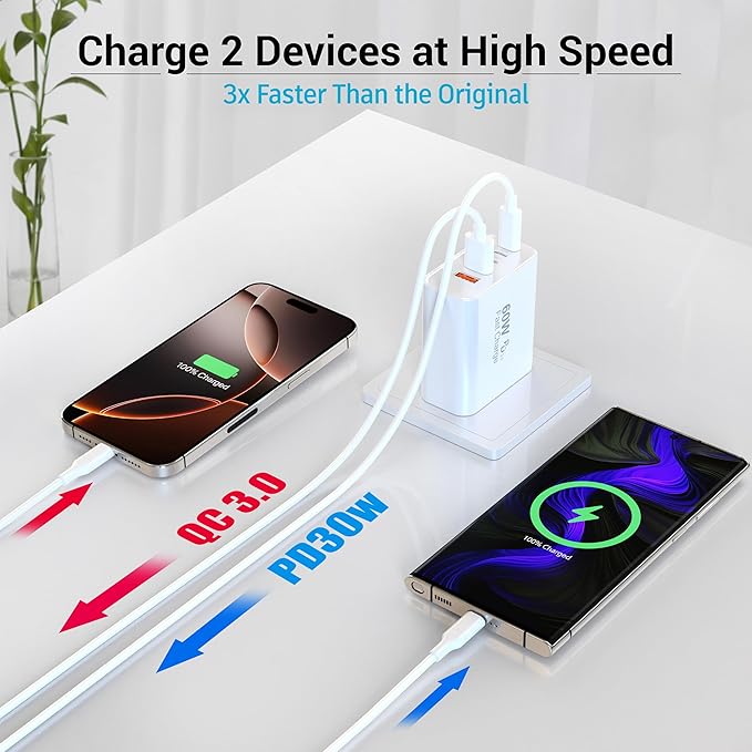 USB C Block 60W, 5 Ports Wall Plug Fast Charging Block, PD+QC Multiport Power Adapter USB C Charger Type C for iPhone 17,17 Air,17 Pro,17 Pro Max,16,15,14,13,12,11,X, Galaxy S25, S24,Tablet