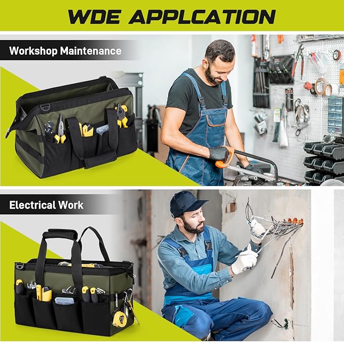 Tool Bag 16-Inch, 15 Pockets Heavy Duty Empty Tool Storage Organization, Soft Handle Carrying Toolbag,Toolbox Organization Tool Bags for Men,Army Green & Black