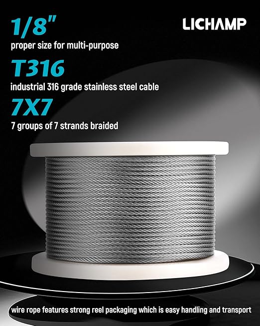 Lichamp 350FT 1/8" Stainless Steel Wire Rope Cable, Aircraft 316 SS Braided Steel Wire Thin Metal Cable Hardware for Deck Railing Handrail Safety System, SSC350