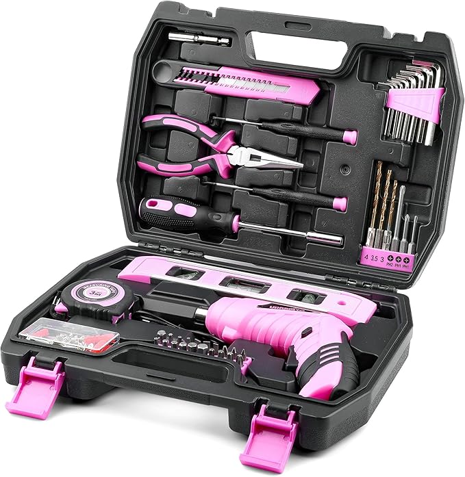 123-Piece Pink Household Tool Set with 3.6V USB Cordless Electric Drill, Lightweight, Portable