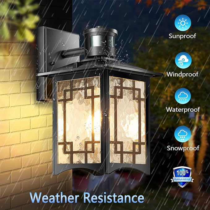 2 Pack Motion Sensor Outdoor Wall Lights, Dusk to Dawn Lighting, Led Exterior Light Fixture, Aluminum Lantern for Front Porch, Waterproof Black Outdoor Wall Sconce for House Garage Patio