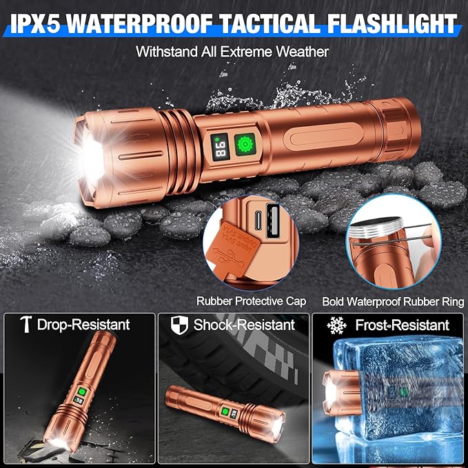 Flashlights High Lumens Rechargeable, Super Bright LED Powerful Flashlight, Type-C, 5 Modes, Zoomable, IPX5 Waterproof High Powered Tactical Flash Light for Emergency Camping,Brown