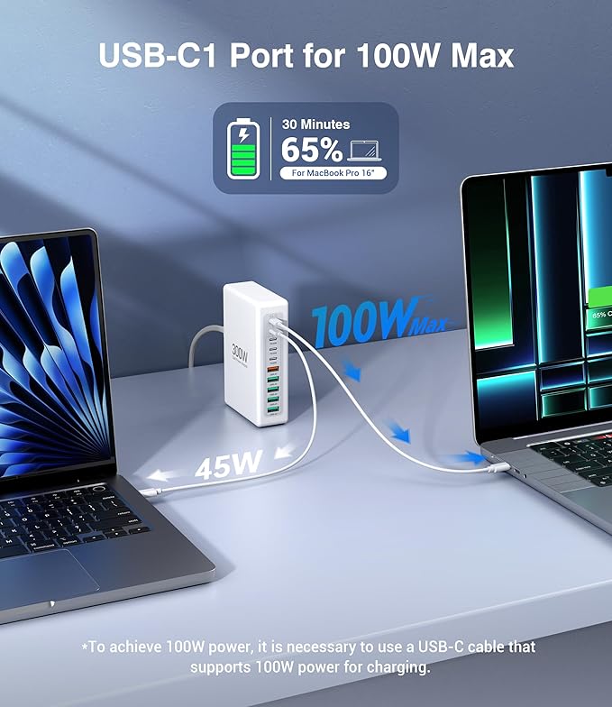 300W USB C Charging Block, 10-Port USB C Charging Station PD 100W Laptop Fast Charger Adapter for MacBook Air/Pro, iPhone 17/16/15/14/13 Pro Max, iPad Pro, DELL, Samsung Galaxy